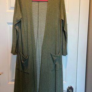 Lularoe Sarah long  cardigan sweater / duster Medium olive green with pockets